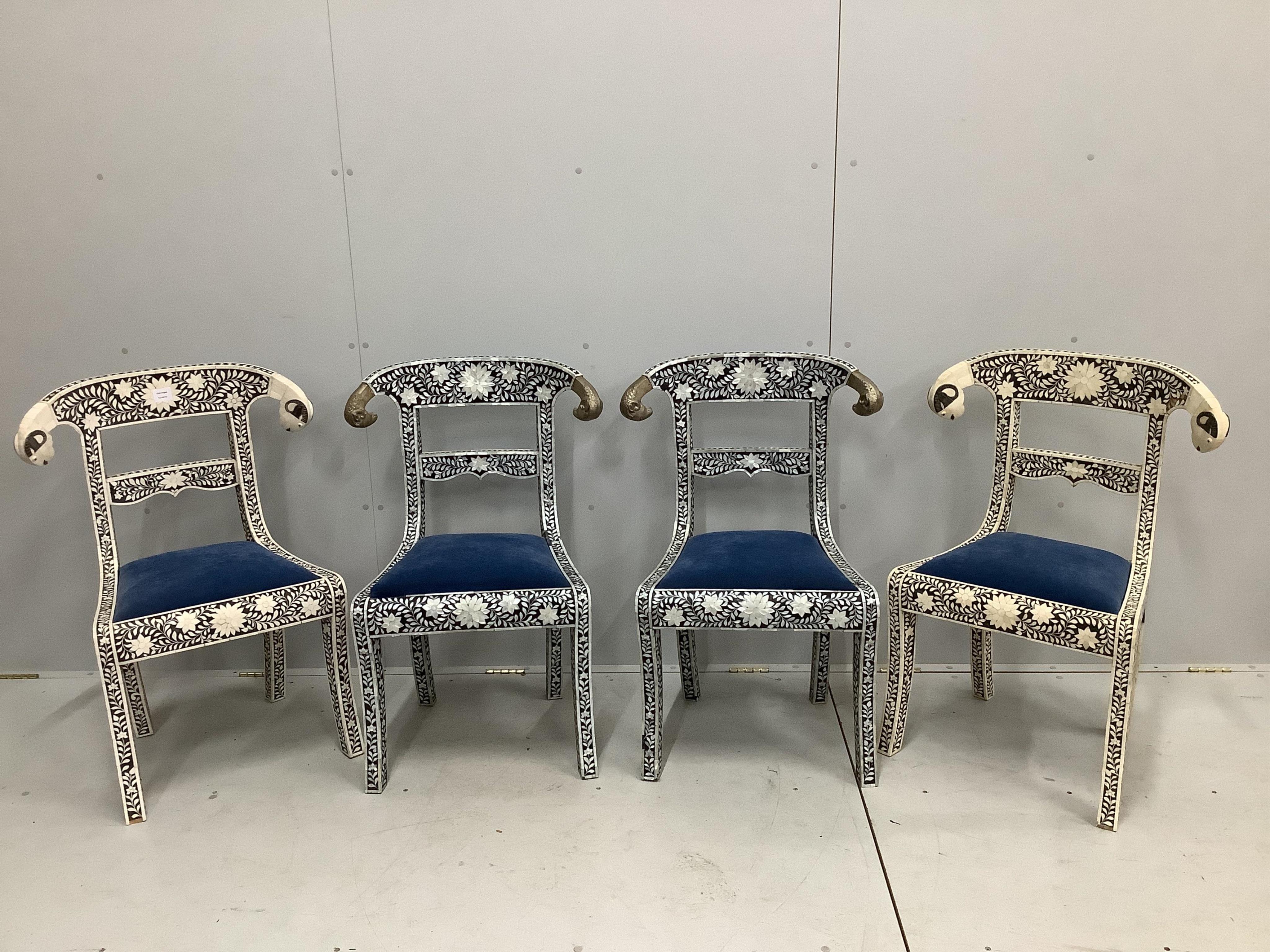 Two pairs of Indian bone, or mother of pearl, overlaid dining chairs, width 62cm, depth 44cm, height 90cm. Condition - good